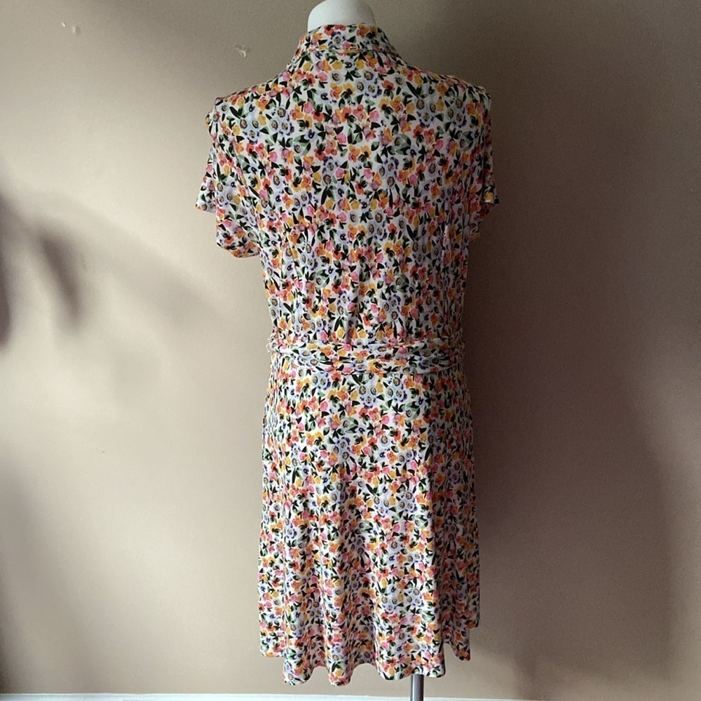 Isaac Mizrahi Pink Floral Belted Short Sleeve Shirt Dress Church Modest Size L - Picture 4 of 6